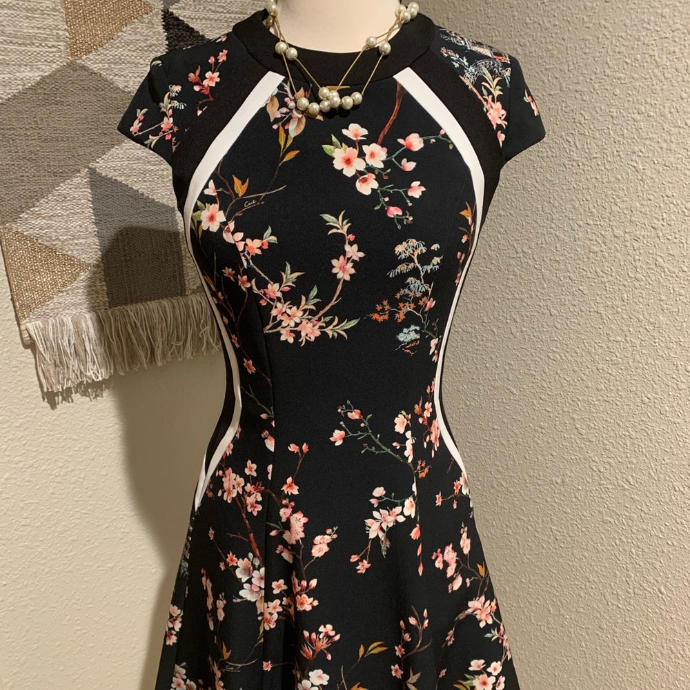 Cue Scuba Dress in Black with Floral Motif